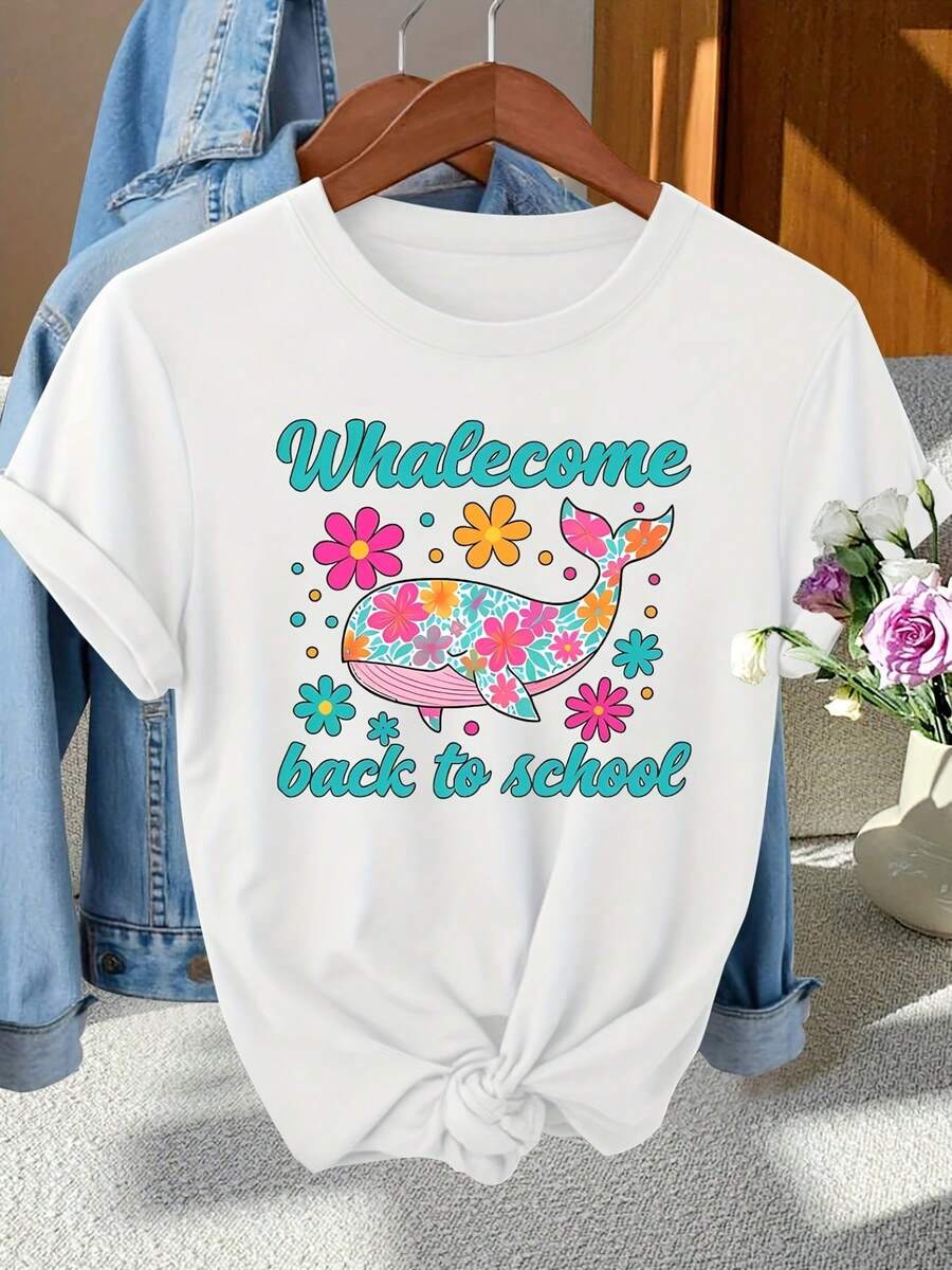 Camiseta estampada con temática de ballenas - Camiseta de manga corta con cuello redondo y estampado de ballenas y flores, con el texto Welcome Ba, hecha de tela elástica ligera, adecuada para uso casual en primavera, verano y otoño, regalo con temática de ballenas, artículo de moda de temporada, diseño divertido - Camiseta unisex de algodón, manga corta, cuello redondo, estilo vintage urbano. - Blanco - Ver 1