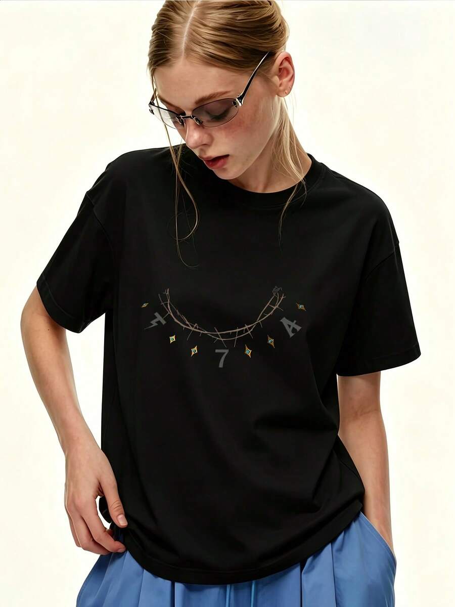 Camiseta de manga corta de talla para mujer, 180G, con estampado de estrella relámpago en malla, top casual holgado, camiseta básica de verano, perfecta para reuniones familiares, formación de equipos de empresa, regalos de cumpleaños, moda 2024 - Camiseta unisex de algodón holgado de manga corta y cuello redondo estilo vintage urbano. - Negro - Ver 1