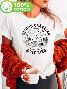 Camiseta estampada con arte de aves silvestres: egreto junto al lago y pelícano canadiense divertido y gracioso, de manga corta y cuello redondo, estilo casual, para verano y primavera, blusas para mujer. - Blanco - Ver 7