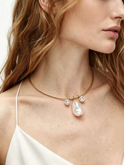 1pc Elegant Women's Summer Accessory Pearl & Rhinestone Choker Necklace, French Retro Baroque Pearl Luxurious Tassel High-End Neck Chain