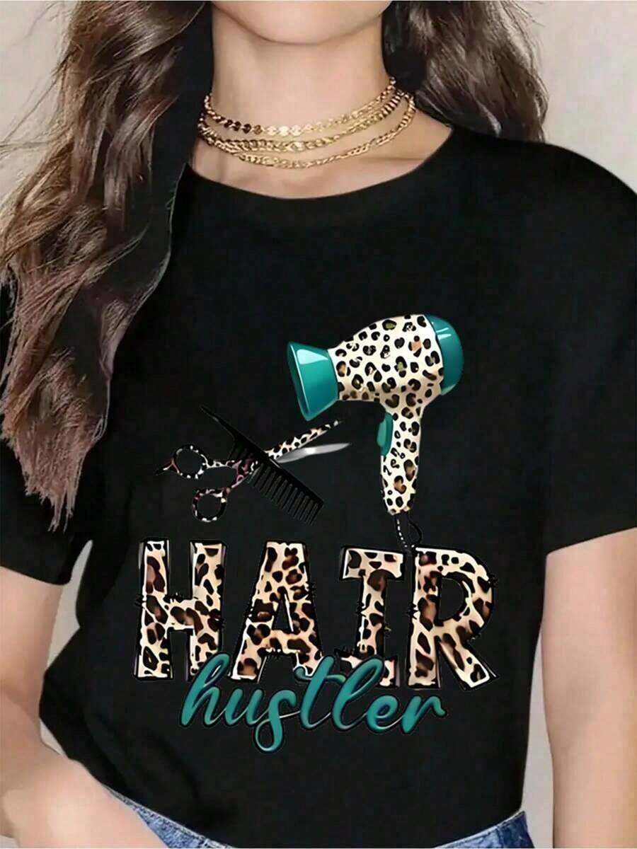 100% Algodón, Camiseta de Estilista de Cabello con Estampado de Leopardo, Secador de Pelo, Tijeras, Peine para Mujeres, Regalo Elegante de Peluquero, Camiseta Divertida de Estilo de Cabello, Perfecta para Estilistas y Entusiastas de la Belleza, Ropa Casual para el Trabajo o Uso Diario 180g suaveSuitable for spring, summer and autumn - Negro - Ver 1
