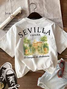 [Double-Sided Printing] Women's Pure Cotton T-Shirt, Illustrative Style, Architecture Print, Palm Tree, Seville, Spain, Casual, Round Neck, Short Sleeve, Summer Top, 100% Cotton. - 白色 - 查看 2