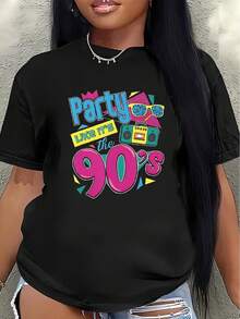 Camiseta vintage de manga corta, ligera y duradera, adecuada para salidas informales, fiestas y cenas, es una opción ideal para fiestas temáticas de los 90 y para la moda diaria.blusa casual mujer - Negro - Ver 7