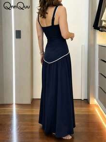 QnnQuu Women's Elegant Sleeveless Square Neck Maxi Dress, Fashion A-Line Woven Fabric Backless Design, Medium Stretch Party Summer - Navy Blue - View 3