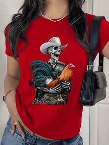 Camiseta con Estampado Gráfico de Vaquero Esqueleto con Gallo, 180g, 1 Pieza, Temática de Animales de Granja, Estilo Casual para Mujer, 100% Algodón, Estilo Vintage Western - Rojo - Ver 1