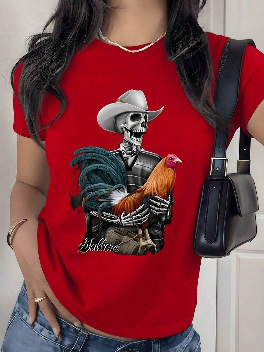 Camiseta con Estampado Gráfico de Vaquero Esqueleto con Gallo, 180g, 1 Pieza, Temática de Animales de Granja, Estilo Casual para Mujer, 100% Algodón, Estilo Vintage Western - Rojo - Ver 1