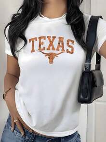 Camiseta con Estampado Gráfico Texas Longhorn, 180g, 1 Pieza, Estilo Western Rodeo, Casual para Mujer, 100% Algodón, Estilo Vintage - Blanco - Ver 9