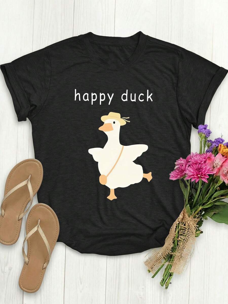 Una camiseta de manga corta para mujer, moderna, a la moda, retro, casual y holgada, adecuada para actividades al aire libre en primavera y verano.Camiseta de manga corta de verano para mujer, estilo europeo y americano, con un estampado de pato azul feliz, cuello redondo, casual, versátil, top deportivo estampado de moda urbana.blusas para mujer,blusas casuales para dama,tops,, mujer premium,y2k,playeras de mujer curvy,ofertas y liquidaciones ropa mujer,playeras deportivas para mujer,,playeras de hombre, mujer,blusas>elegante LRZM - Negro - Ver 1