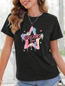 Una camiseta de manga corta para mujer, moderna, a la moda, retro y casual, de corte holgado, adecuada para actividades al aire libre en primavera y verano.Una camiseta de manga corta para mujer, cómoda y deportiva, para el verano, con un diseño de estampado de estrellas coloridas, ideal para actividades diarias al aire libre y para la relajación.blusas para mujer,blusas casuales para dama,tops,, mujer premium,y2k,playeras de mujer curvy,ofertas y liquidaciones ropa mujer,playeras deportivas para mujer,,playeras de hombre, mujer,blusas>elegante I8X3 - Negro - Ver 1
