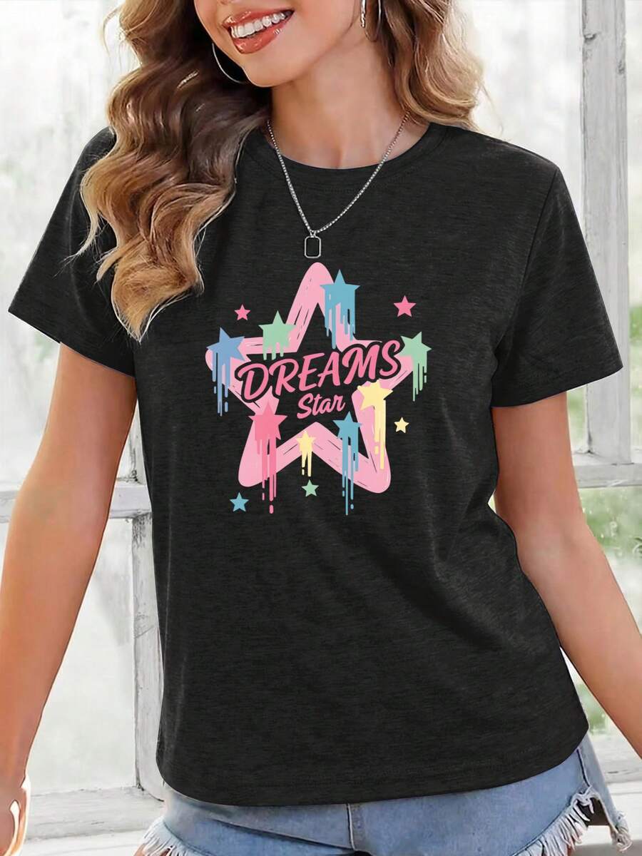 Una camiseta de manga corta para mujer, moderna, a la moda, retro y casual, de corte holgado, adecuada para actividades al aire libre en primavera y verano.Una camiseta de manga corta para mujer, cómoda y deportiva, para el verano, con un diseño de estampado de estrellas coloridas, ideal para actividades diarias al aire libre y para la relajación.blusas para mujer,blusas casuales para dama,tops,, mujer premium,y2k,playeras de mujer curvy,ofertas y liquidaciones ropa mujer,playeras deportivas para mujer,,playeras de hombre, mujer,blusas>elegante I8X3 - Negro - Ver 1