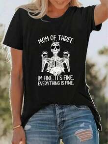 Camiseta única de diseño y2k para mamá de tres con esqueleto divertido y mensaje humorístico soy mamá de tres estoy bien todo está bien ideal para mostrar tu estilo y buen humor en cualquier ocasión destaca entre la multitud con esta prenda moderna y llamativa - Negro - Ver 12