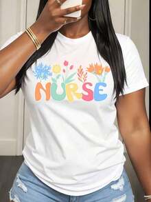 Women's Nurse T-Shirt With Colorful Floral Print And Nurse Text, Casual Summer Clothing For Women - 白色 - 查看 6