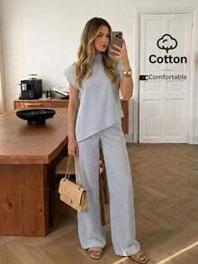 Conjunto de 2 piezas de top a rayas y pantalones con bajo asimétrico para mujer - Verde Oliva - Ver 9