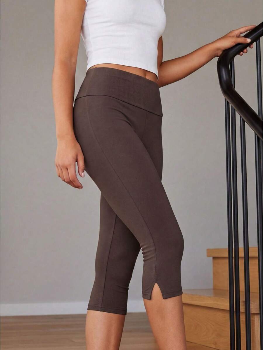 Pantalones de siete puntos de cintura alta Y2K para mujeres, pantalones de horquilla en el lado del autocultivo, pantalones de siete puntos de verano elásticos y casuales, adecuados para el yoga diario - Marrón oscuro - Ver 1