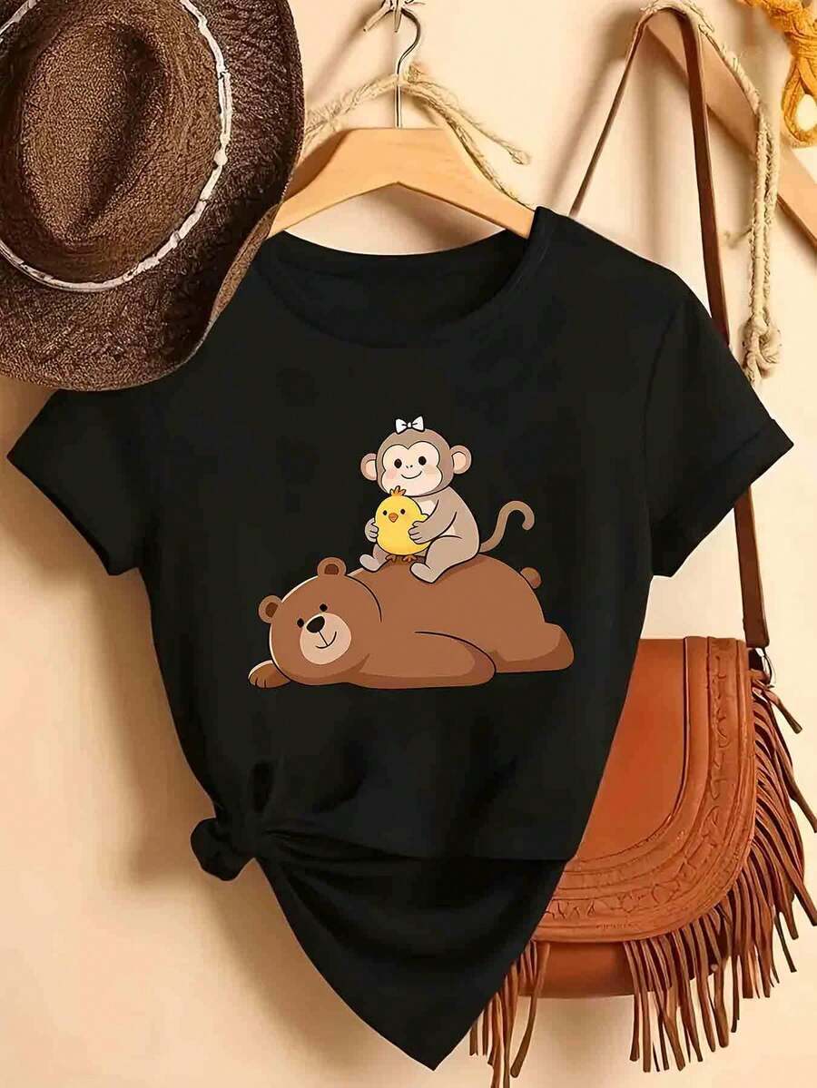 Camiseta de Mujer 1 Pieza con Estampado de Oso, Mono y Pollo de Dibujos Animados, Ropa de Mujer a la Moda, Corte Holgado, Suave al Tacto, Resistente, Lavable a Máquina, Deportiva, Casual, Versátil para Uso Diario, Cuello Redondo, Manga Corta - Negro - Ver 1