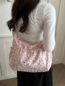 Fashionable Solid Color Bow Drawstring Shoulder Bag, Casual Minimalist College Style, Wide Strap Crossbody Bag With Multiple Zipper Pockets, Suitable For Students, Shopping, Daily Use - Pink - View 4