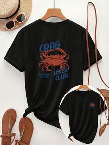 [Impresión a doble cara] Camiseta de mujer, top casual de manga corta y cuello redondo, con estampado de cangrejo rojo y texto azul "CRAB LOVER CLUB", tela transpirable y lavable a máquina, adecuada para un uso cómodo en todas las estaciones. - Negro - Ver 6