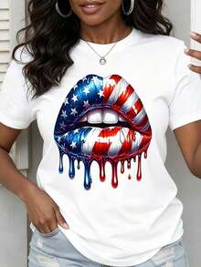 Camiseta de Moda para Mujer con Estampado de Labios y Bandera Americana, Top Casual de Verano para Celebración del Día de la Independencia, Atuendo Patriótico Estilo Streetwearblusa casual m - Blanco - Ver 2