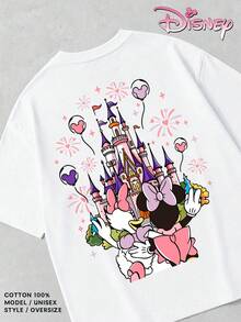Women's Pure Cotton T-Shirts With Disney Minnie Mouse Castle Fireworks Print. Double-Print Design On The Front And Back, Sweet And Girly Style, Suitable For Theme Park Outfits, Dates, And Outings With Friends. - 白色 - 查看 3