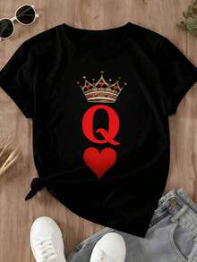 Women's T-Shirt With Queen Crown And Heart Print, Casual Summer Top For Everyday Wear, Party Outfit, Fashion T-Shirt - 黑色 - 查看 2
