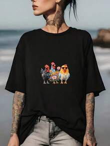 Camiseta con estampado de pollito de dibujos animados - Un regalo perfecto para familiares y amigos, una camiseta de verano suave y cómoda, adecuada para fiestas, actividades de team building y celebraciones del Día de la Independencia. Camiseta de manga corta cómoda y versátil. - Negro - Ver 7