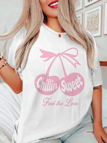 Camiseta de algodón para mujer, estilo casual, con lazo rosa y diseño de mariposa, cuello redondo, absorbente de sudor y transpirable, ecológica. - Blanco - Ver 8