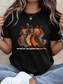 Camiseta con Estampado Artístico de Mujeres Africanas para Mujer, Diseño Cultural, Moda Casual, Atuendo de Verano con Shorts de Mezclilla y Bolso de Paja, Camiseta de Algodón - Negro - Ver 3