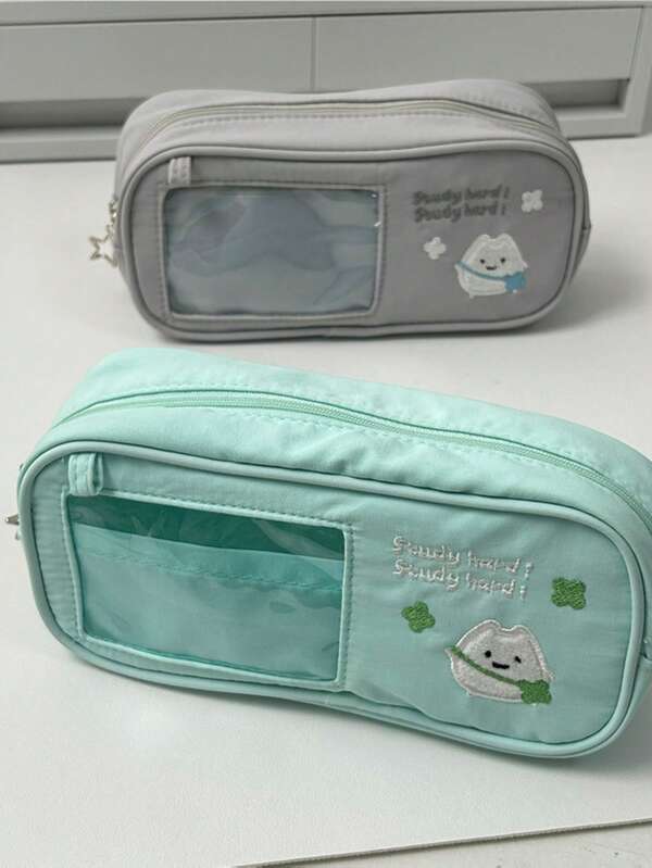 1pc Mint Green Four-Leaf Clover Cat Pencil Case, High-Quality Cute & Fresh Stationery Pouch, Large Capacity Storage Bag For Students