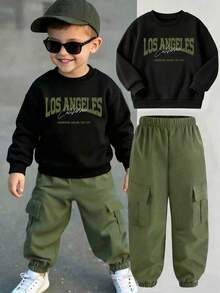 Young Boy Letter Print Crew Neck Sweatshirt And Casual Cargo Sweatpants Set - Black - View 1