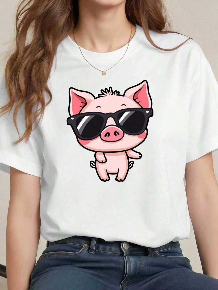 Camiseta para mujer con gafas de sol de cerdito, 100 % algodón, cuello redondo, ajuste cómodo, dise?o gráfico.Pure-Cotton - Blanco - Ver 1