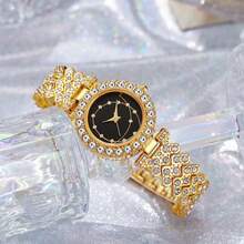 2pcs Fashion Rhinestone Stainless Steel Quartz Watch & Bracelet Set For Women - Gold - View 3
