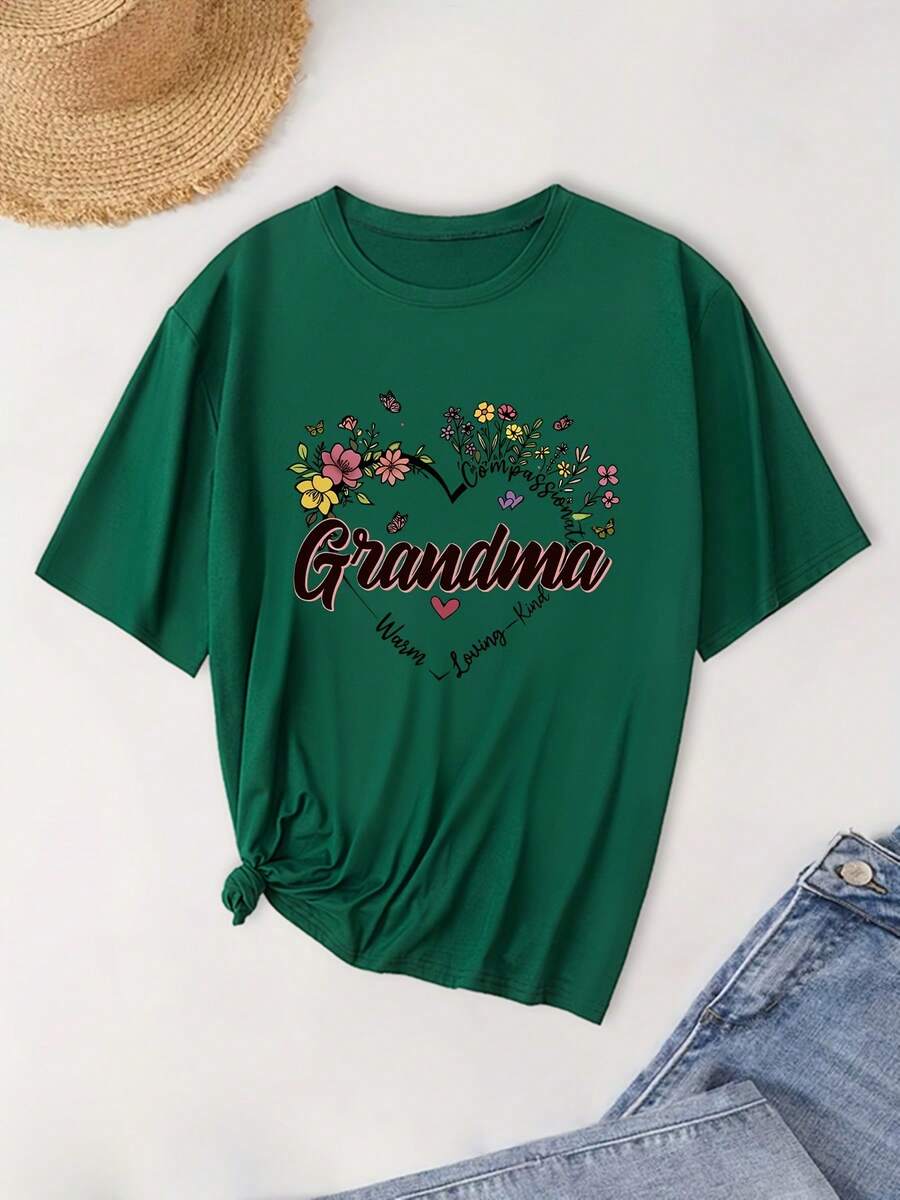 Camiseta de moda de manga corta con estampado floral para abuela, talla grande y cuello redondo. FEF2 - Verde - Ver 1