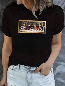 Representación artística de una reunión simbólica que refleja unión diversidad y momentos compartidos alrededor de una mesa transmitiendo alegría y conexión entre culturas camiseta de mujer moderna casual cómoda ideal para uso diario - Negro - Ver 8