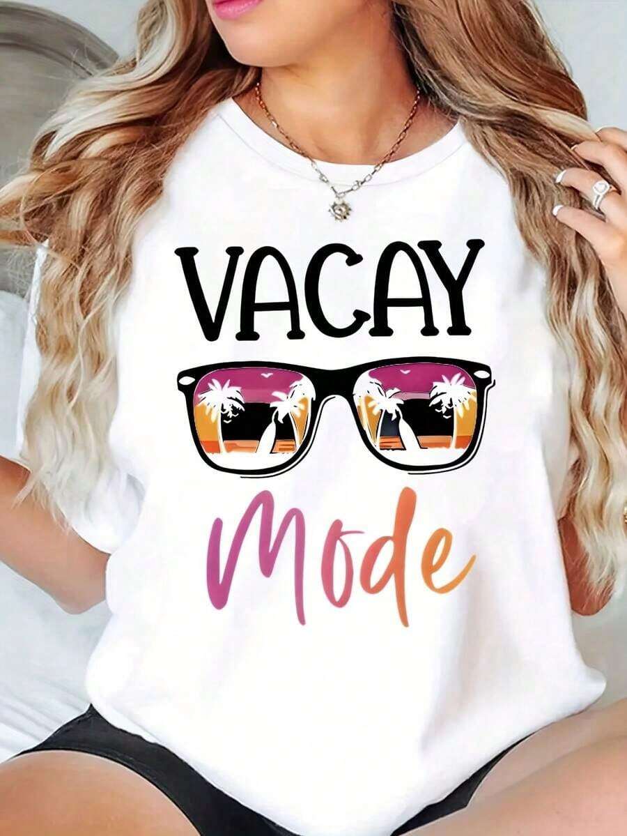 Camiseta de Mujer con Estampado de Palmeras y Gafas de Sol, Estilo Vacay Mode, para Vacaciones de Verano, Casual, 220g Adecuado como regalo.playera de mujer.blusas>elegante.boho chic,Top de mujer suave, transpirable y cómodo, ideal para primavera, verano y otoño, perfecto para vacaciones, viajes y uso diario. - Blanco - Ver 1