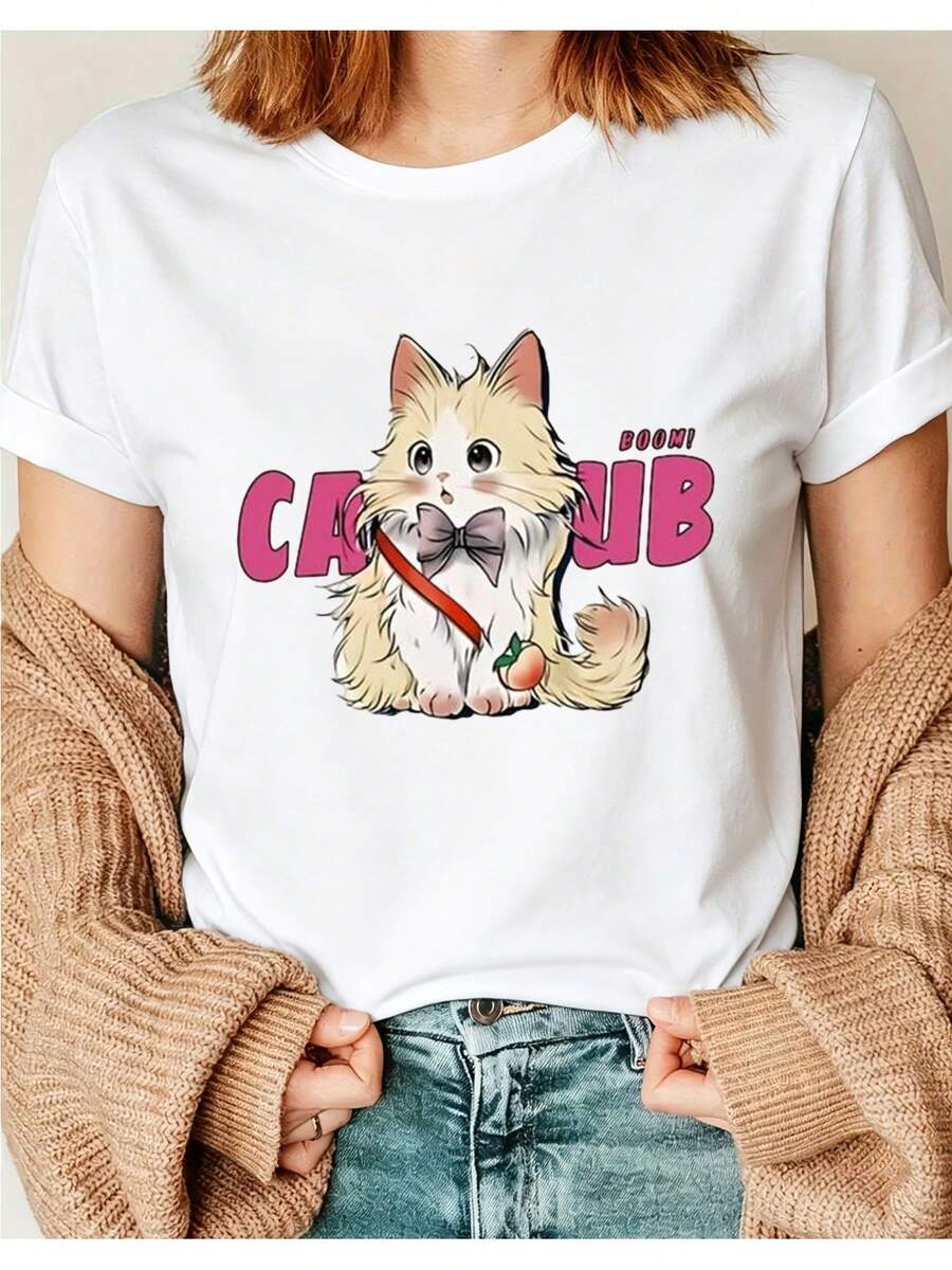 Nueva camiseta de manga corta para mujer, de color sólido y corte raglán, de ajuste regular, con diseño de dibujos animados estilo universitario para el verano, cuello redondo, una prenda casual y versátil adecuada para todas las estaciones. MAVX - Blanco - Ver 1