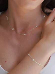 1 Set de collar y pulsera para mujer, estilo de capas delicado con borlas para vacaciones en la playa, pulsera y collar de joyería con trébol de cuatro hojas de cobre incrustado de circonita, accesorio diario como regalo - Plateado - Ver 6