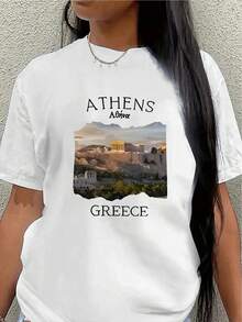 Camiseta de manga corta, ligera y resistente, con un estampado de la paisajística urbana de Atenas, Grecia, es perfecta para salidas informales, viajes y uso diario en restaurantes o en casa. - Blanco - Ver 1