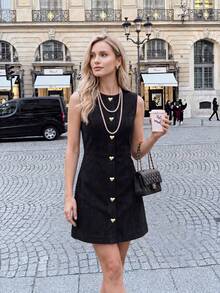 Vuslat Women's Elegant Luxury Casual Collegiate Style Black A-Line Mini Dress With Metallic Heart Buttons, Sophisticated Party & Daily Wear Dress, Suitable For Graduation Ceremony, Elegant Party, Holiday, Birthday Party, Banquet - Black - View 2