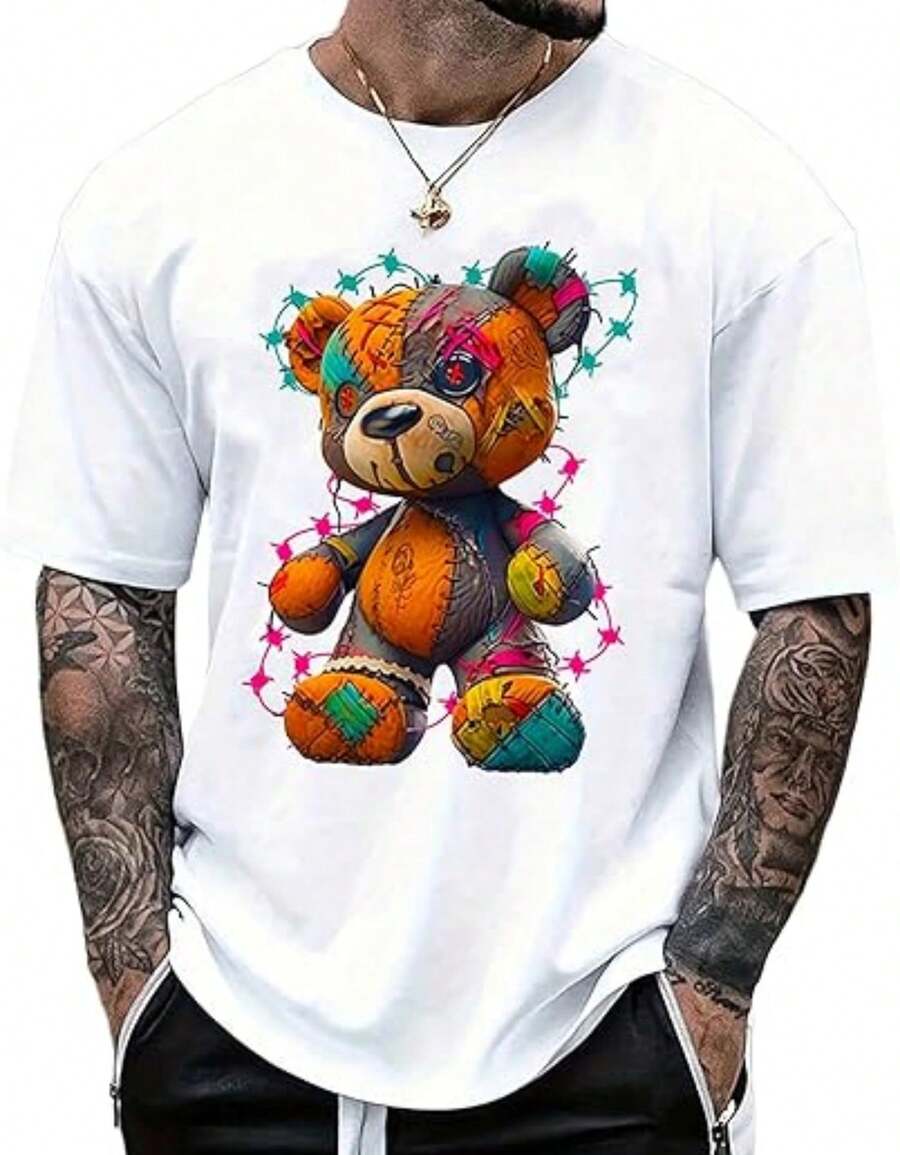 Camisetas de manga corta con cuello redondo y estampado de oso de dibujos animados para hombre. Camisetas modernas. - Blanco - Ver 1