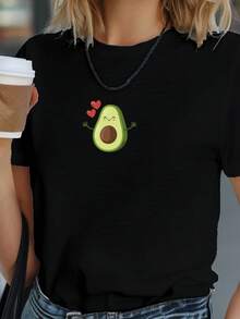 Camisetas de Algodón Oversize para Mujer 2026, Lindas con Diseño de Aguacate y Corazón, Camiseta Cómoda para Mujer, Suave y Sencilla para Uso Diario, Top de Manga Corta - Negro - Ver 7