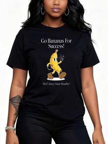1 Piece Women's Funny Banana Graphic T-Shirt - "Let's Fruit For Success" And "Eliminate Your Doubts" - Casual Long Sleeve Crew Neck T-Shirt - Soft And Stretchy Fabric - For All Seasons - 180g 100% Cotton - 黑色 3 - 查看 3