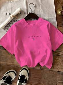 Camiseta con Estampado de Letras, Manga Corta Cuello Redondo Top Casual para Verano y Primavera, Ropa de Mujer - Blanco - Ver 10