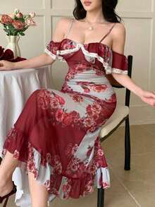 Vestido de verano para mujer con tirantes finos, escote hombros descubiertos, encaje floral y parches, ajustado a la cintura, estilo elegante y de resort - Rojo - Ver 3