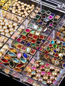 1 Box Mixed Plaid Luxury Multi-Shape Nail Diamond Set, Metal Alloy Framed Flat Back Rhinestones, Flat Back Round Oval Square Crystal Diamonds Flat Back Beads, Multi-Color Nail Art Decorations, Suitable For Nails, Jewelry Earrings And DIY Crafts - Multicolor - View 4