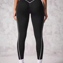 MewMuse. Seamluxe  Sport 1 pieza Leggings de yoga para mujer con patrón de rayas de contraste en blanco y negro - Blanco y Negro - Ver 6