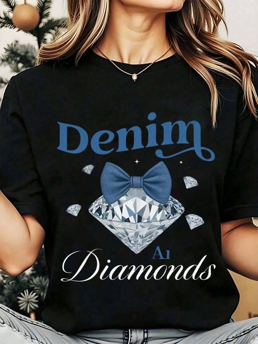 Camiseta de Cuello Redondo para Mujer, Estampado de Diamantes en Tela Denim, Lazo Decorativo, Diseño Gráfico de Diamantes, Ropa Casual para Navidad, 2 - Negro - Ver 1