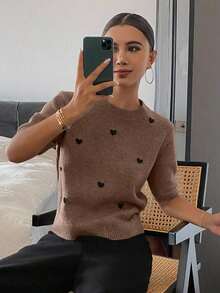 Blusa de punto de manga corta y cuello redondo con decoración de corazón, de corte holgado, para mujer, para primavera/otoño - Marrón - Ver 5