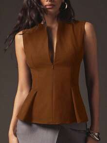 Blusa estructurada sin mangas con cremallera frontal y volante, para uso casual en la oficina - Marrón - Ver 2