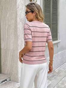 Blusa de punto de cuello redondo a rayas, versátil para uso diario de las mujeres - Multicolor - Ver 2