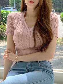 Blusa de manga corta con cuello en V caqui de punto con giro, primavera/verano - Rosa - Ver 5